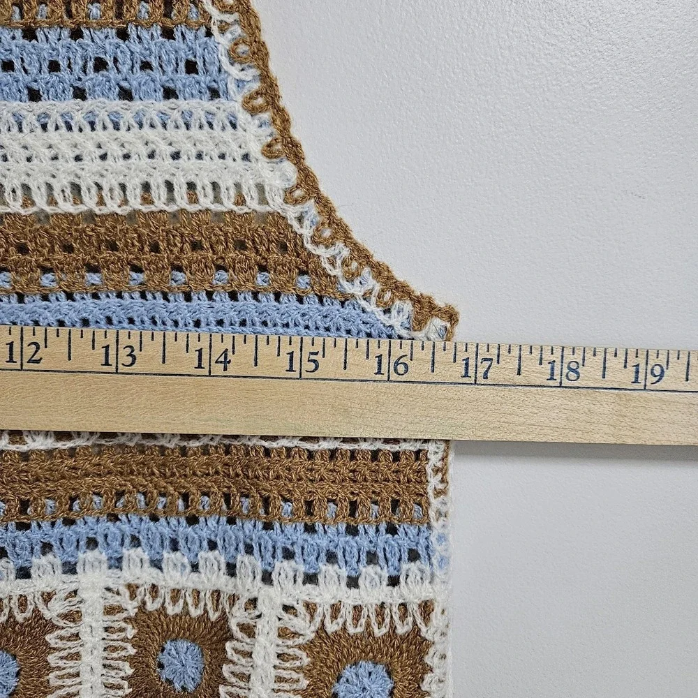 Bohemian So Me‎ Crochet Sweater Vest Womens Med Blue Brown Striped Granny Square
